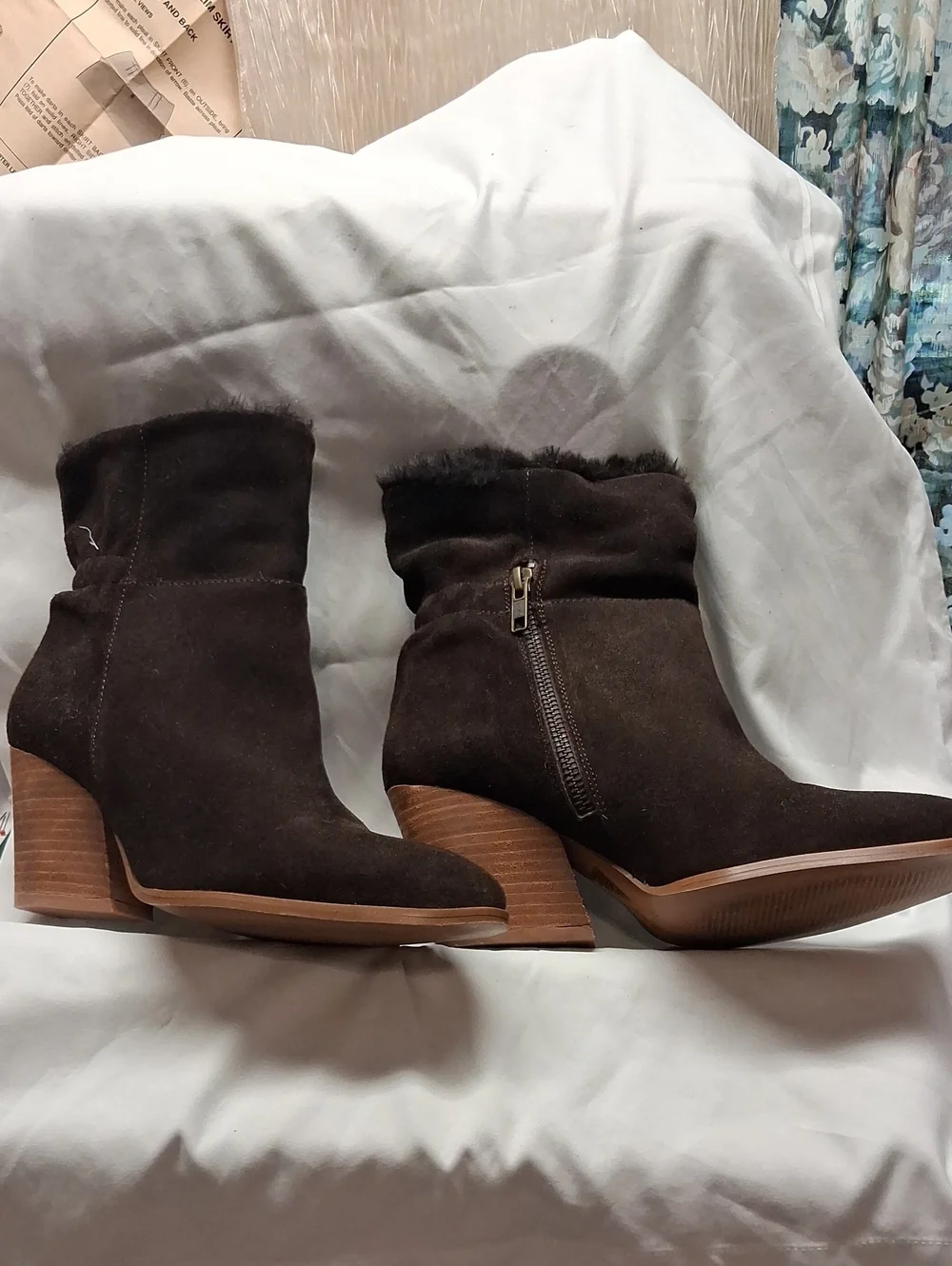 Garnet Hill Dark Brown Suede Faux-Fur Cuff Ankle Booties